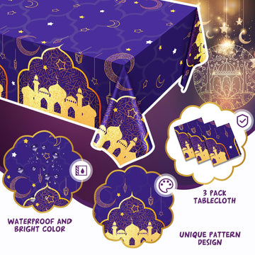 3-Piece Purple and Gold Tablecloth Set - 42.5 x 70.9 Inch Plastic Table Covers for Birthday Party Decorations, Nights Theme Supp