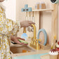 Pillowhale 2-in-1 Wooden Play Kitchen with Storage Rack, Kids Pretend Cooking Set w/Sink, Stove, Microwave & 8 Accessories, Mont