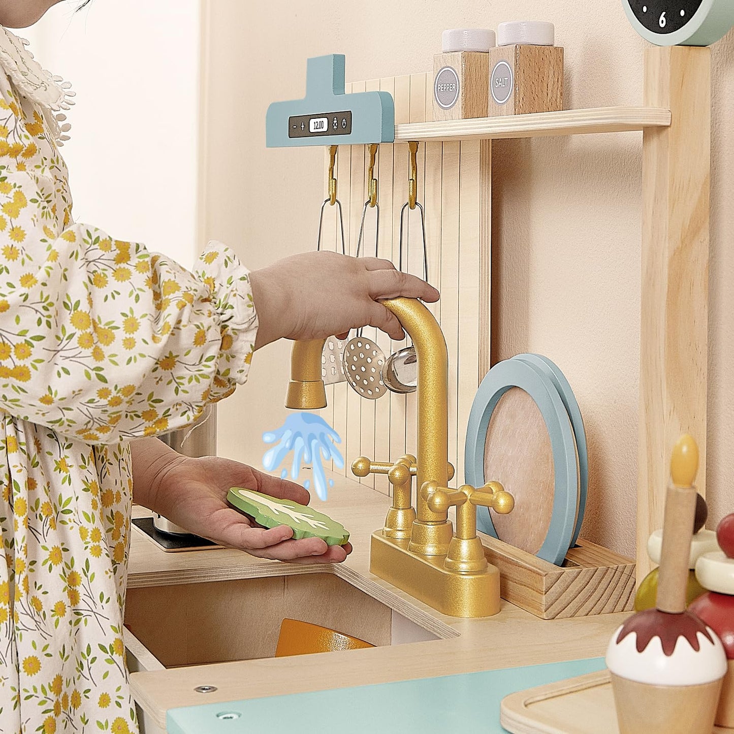 Pillowhale 2-in-1 Wooden Play Kitchen with Storage Rack, Kids Pretend Cooking Set w/Sink, Stove, Microwave & 8 Accessories, Mont