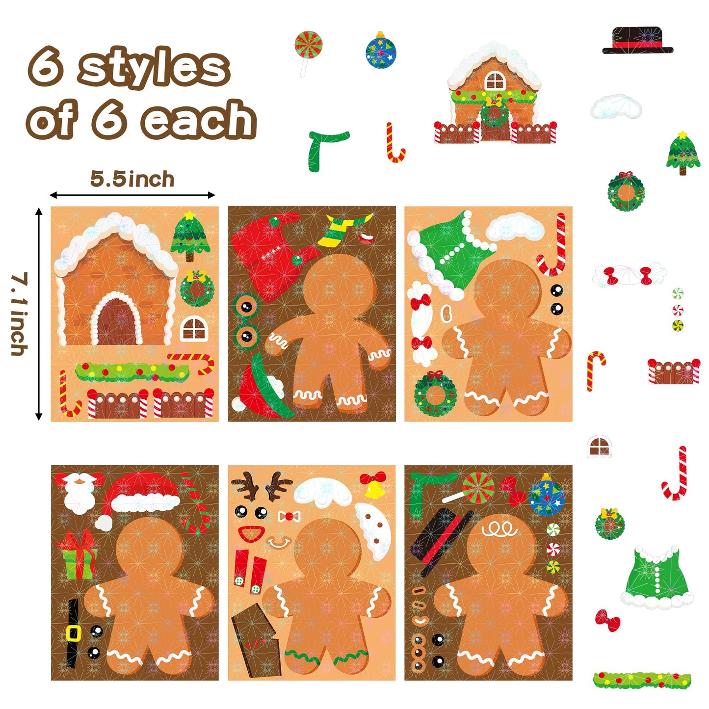 HubirdSall 36Pcs Christmas Gingerbread Face Stickers - Holographic Paper Crafts for Kids, School, Home Party Favors and Gifts