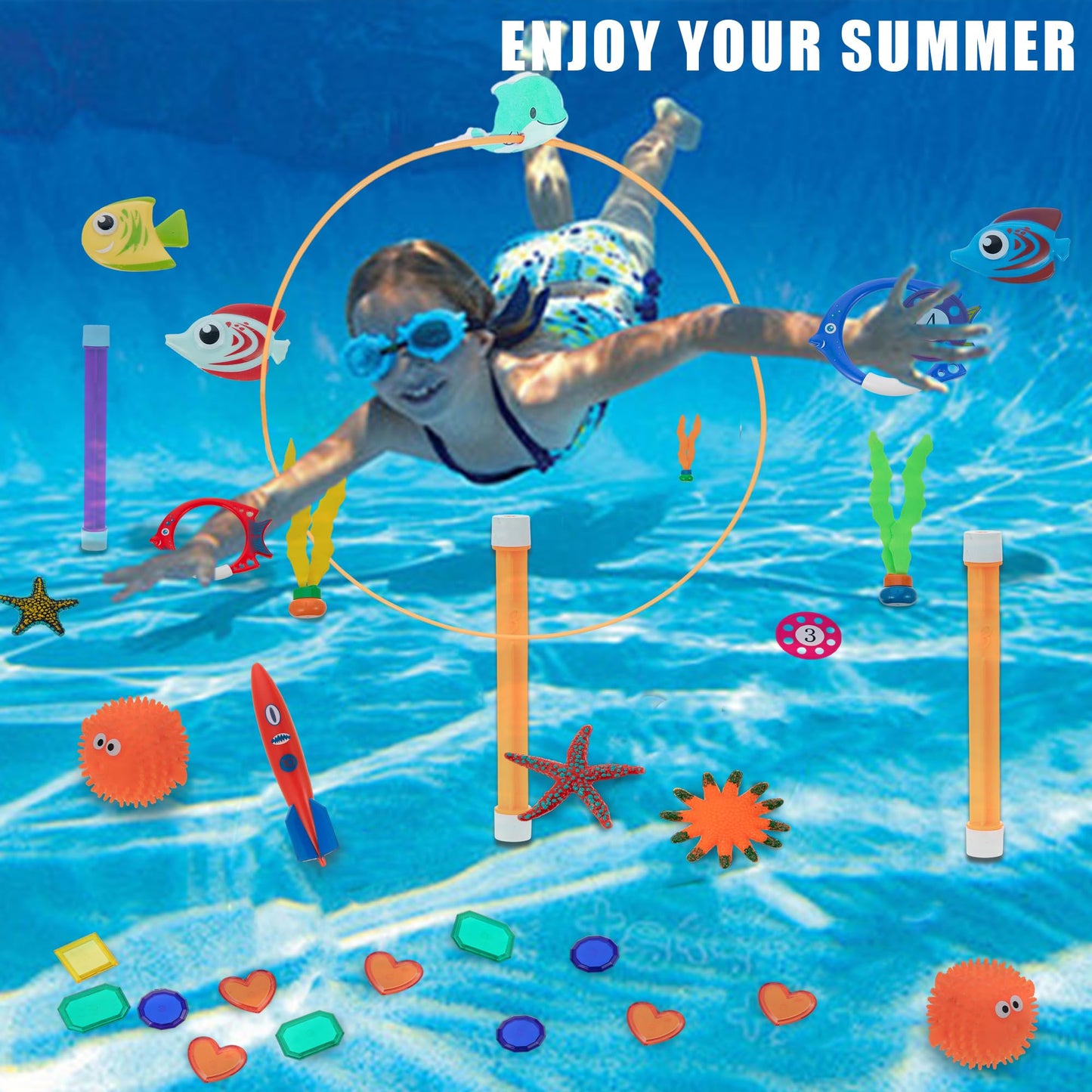 Jazgrom 29Pcs Pool Toys For Kids Ages 4-8 8-12,Diving Toys With Swim Thru Rings Including Dive Gems Diving Sticks Water Pool Par