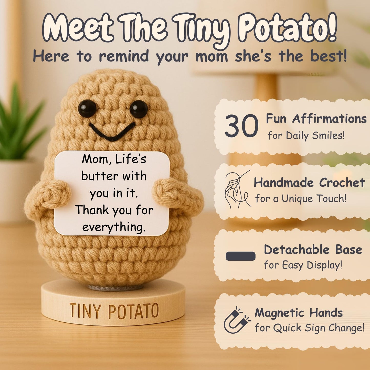 Got you a little something Mom - Handmade Crochet Potato with 30 Affirmation Cards, Small, Cotton, "Mom's Tiny Potato"