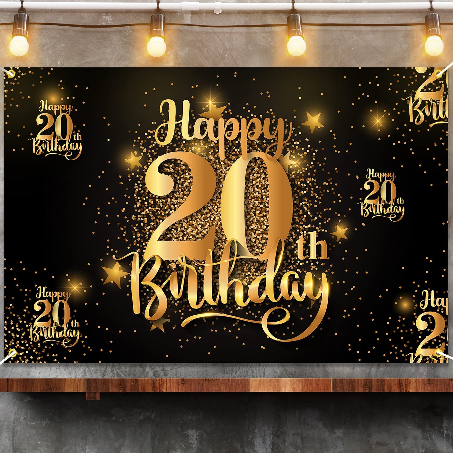 NC Happy 20th Birthday Backdrop Banner, 20th Size, Glitter Gold & White, Polyester, Step and Repeat Decorations for Photography Party Supplies