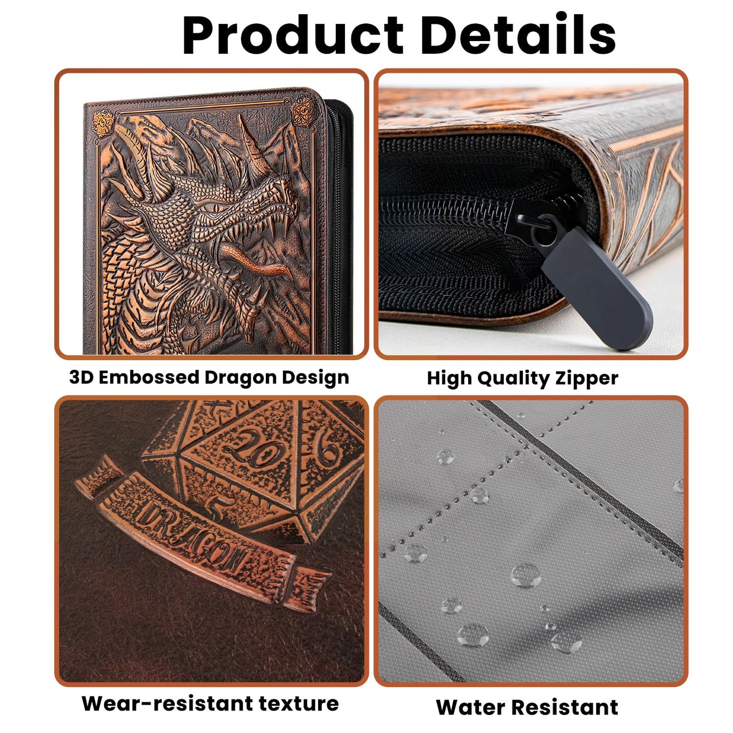 9 Pocket Card Binder  enhanced Zip Trading Card Binder  360 Double Sided Pocket PU Collection Binder  Dragon Design Collector Album  Card Folder for MTG  TCG  Sports Cards (red copper)