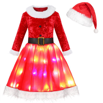 Soyoekbt Christmas Costume For Girls Led Light Up Santa Dress With Red Xmas Hat (9-11 Years)