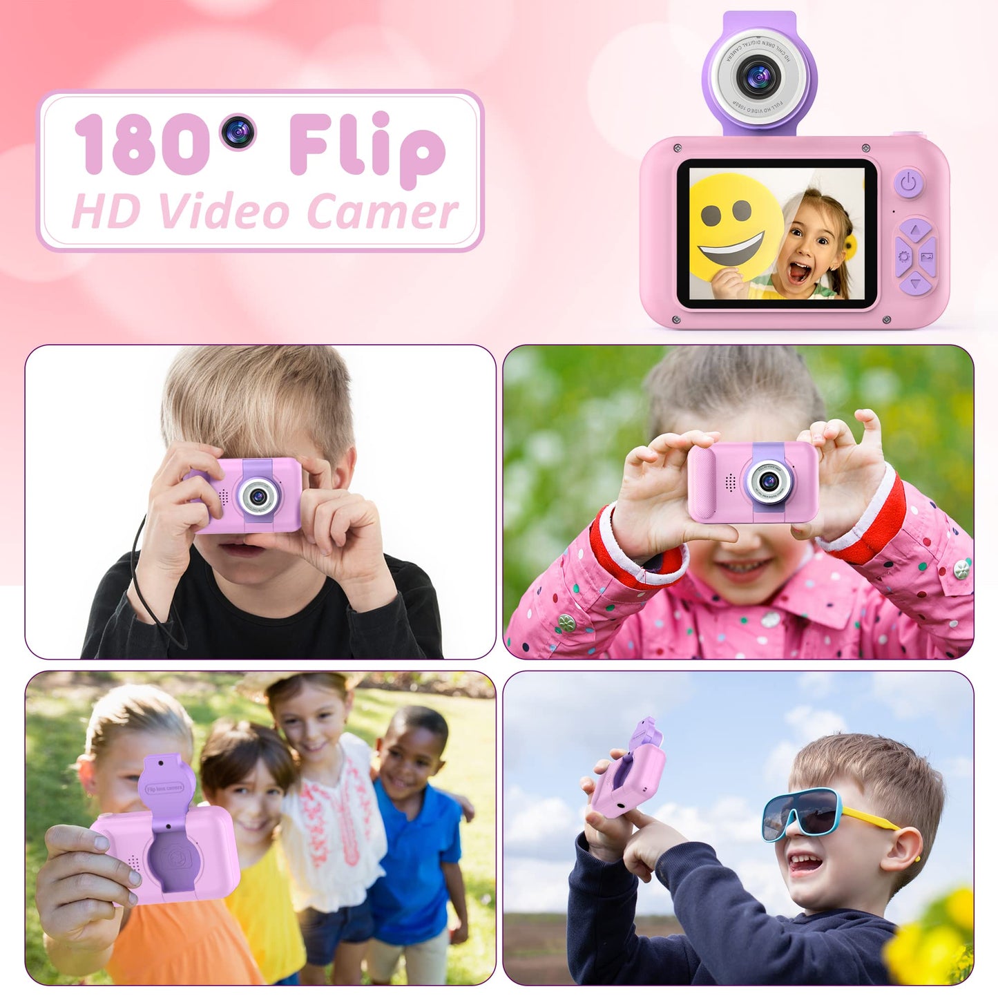 Purulu Kids Camera With 180 Flip-Up Lens For Selfie & Video, Hd Digital Video Cameras For Toddler With 32Gb Sd Card, Ideal For 3