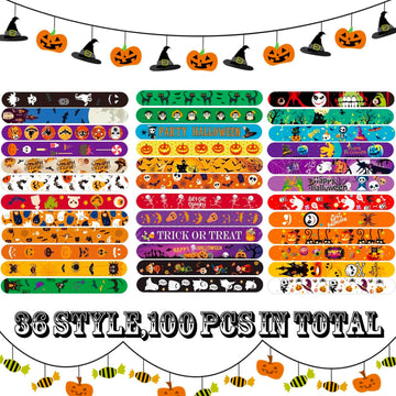SUNPROUND Halloween Slap Bracelet,100Pcs Slap Bracelet Wristbands with Spider Pumpkin Ghost Zombie Bat Witches Design Snap Brace