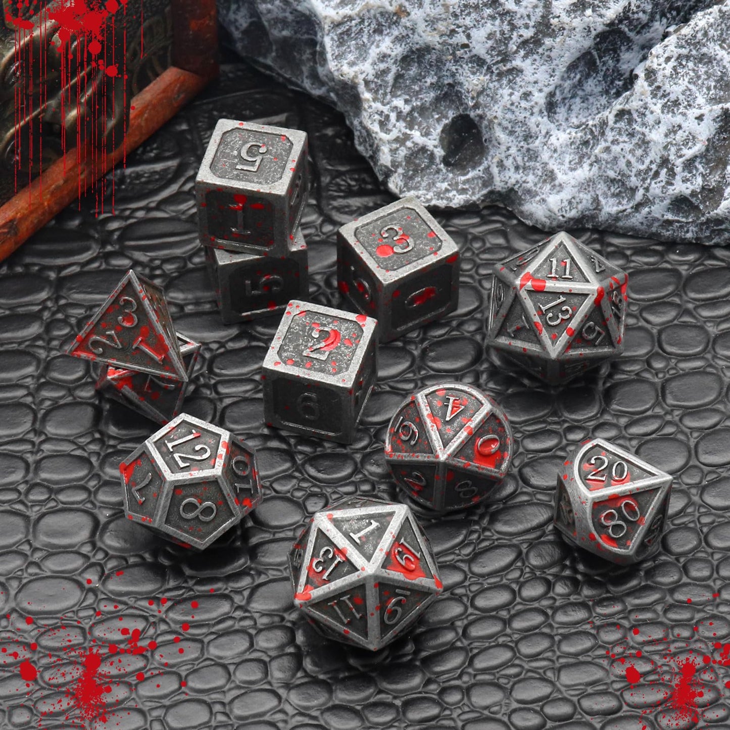 Haxtec 11PCS Bloodstained Metal DND Dice Set Blood Polyhedral D&D Dice for Dungeons and Dragons Gift TTRPG Antique Metal DND 5e