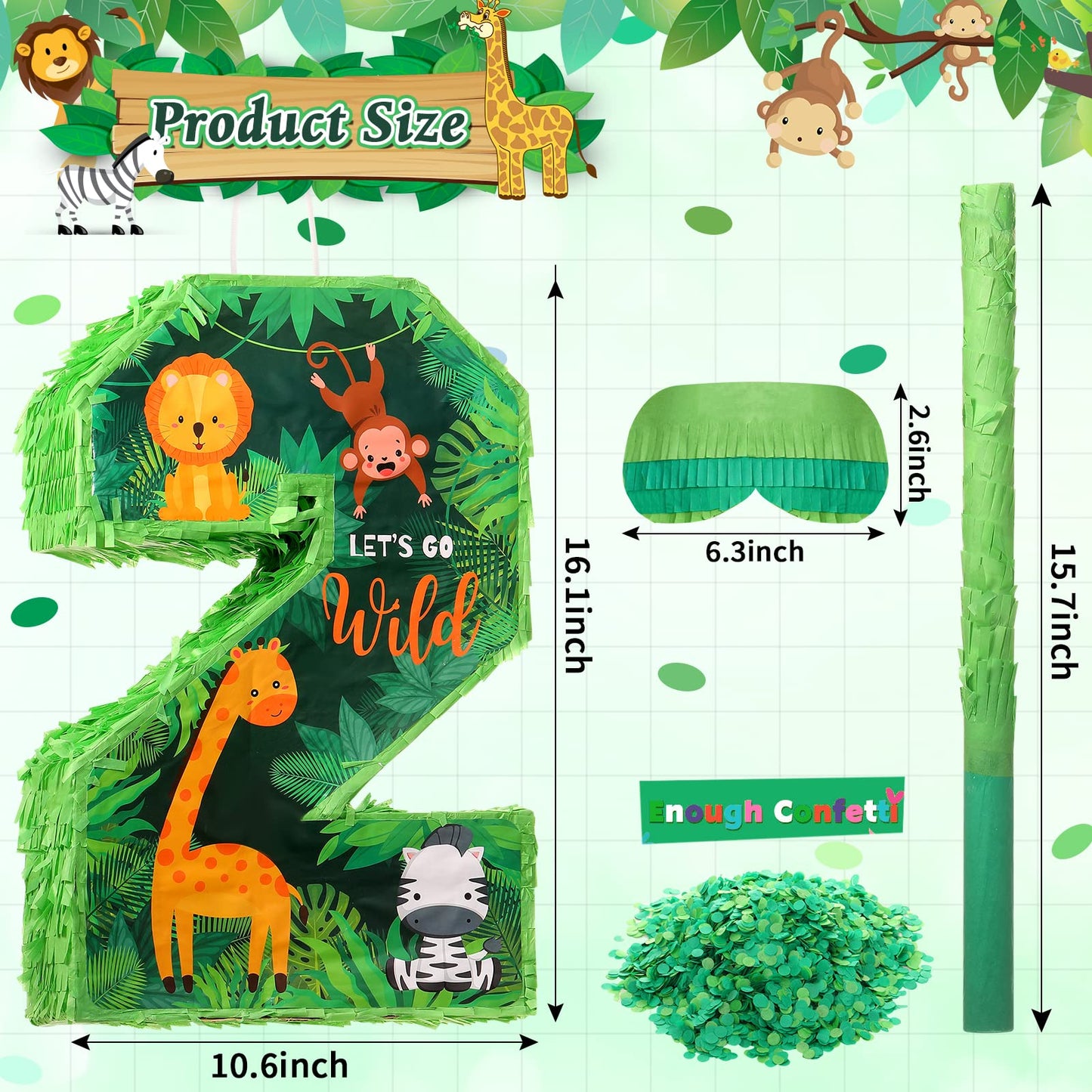 Jexine 3 Pcs 16 Inch Animal Number 2 Piata Jungle Animals Number Two Piata with Blindfold Bat and Confetti for Boy Zoo Themed 2n