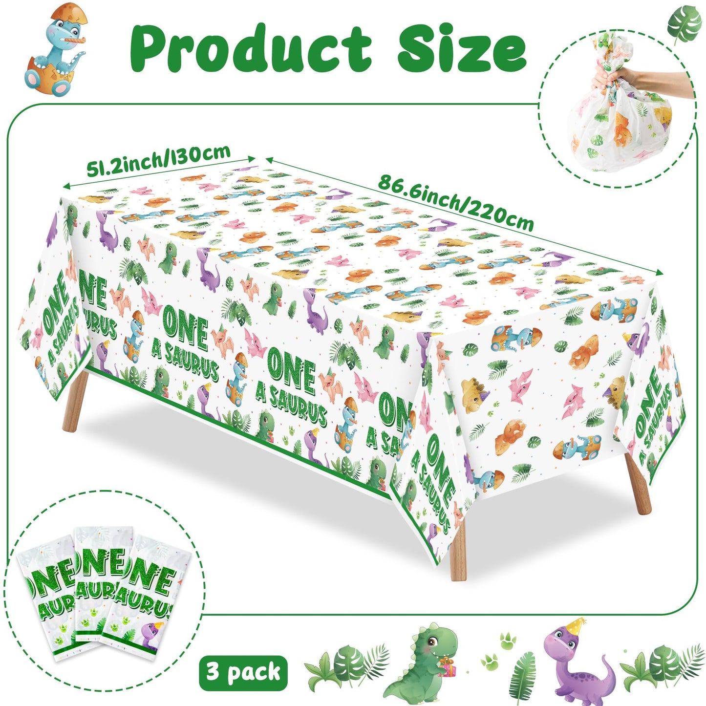 Dinosaur 1st Birthday Party Tablecloths - 3Pcs One A Saurus Party Table Cover Decorations, Dinosaur Themed Rectangular Plastic D