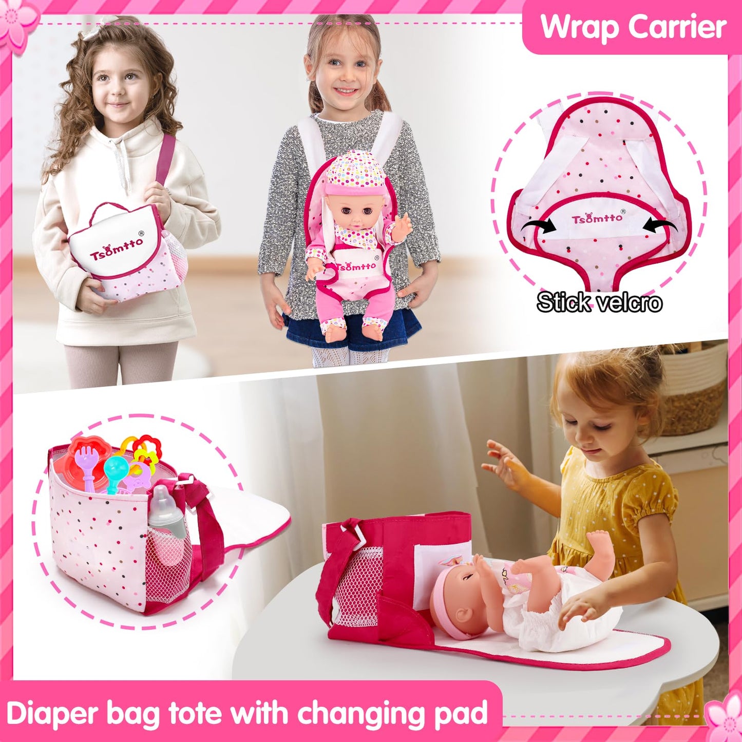 Tsomtto 12” Baby Doll Play Set Carrier Crossbody Baby Doll Diaper Bag Girl Pretend Play Toy Interactive Stuff Baby Doll Accessories For Toddlers 3-5 Realistic Babydoll Toy 2 3 4 5 Year Old Girl Gifts