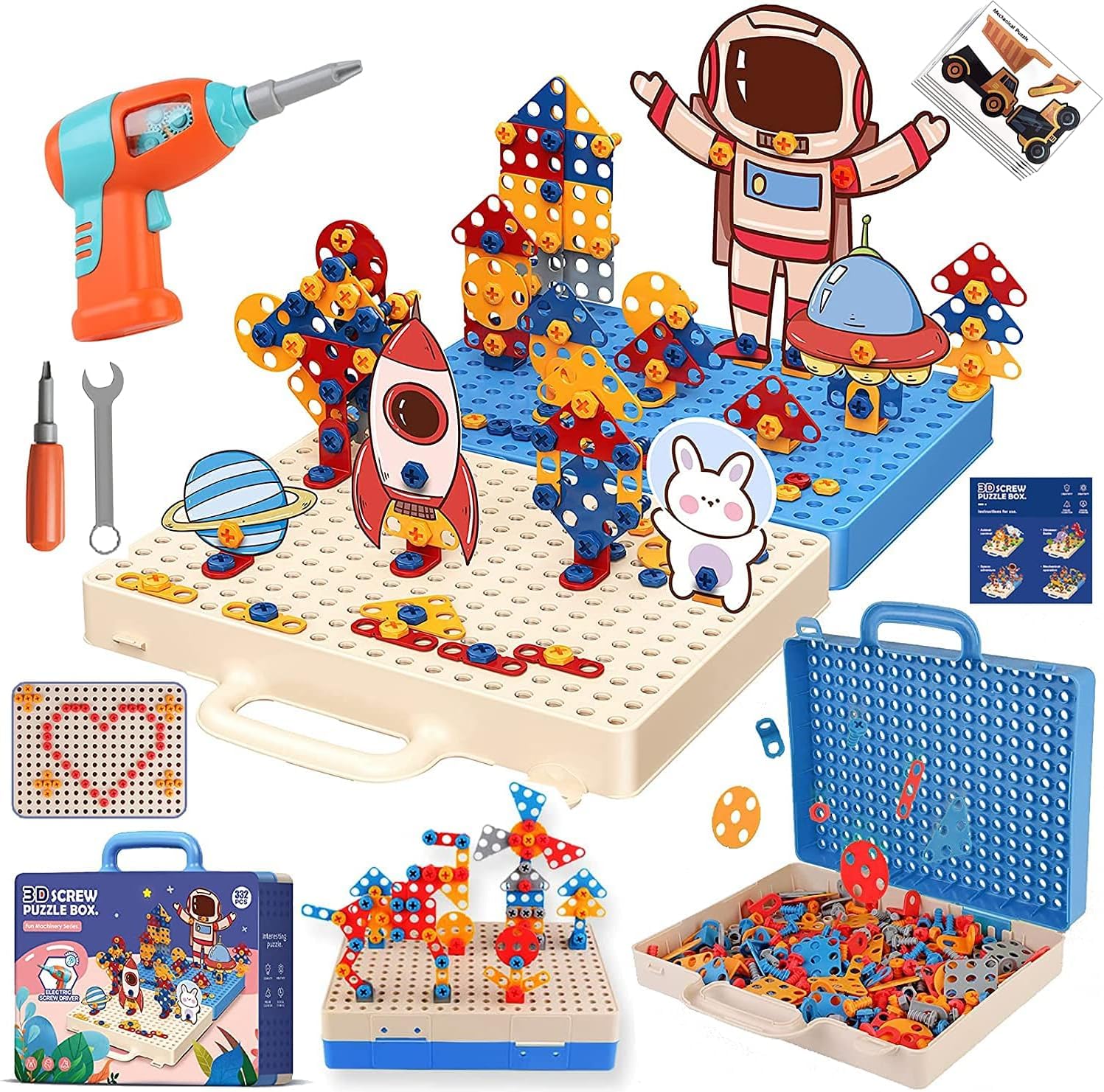 Fezeedi 332 Pcs Construction Toys Drill Design Puzzle Creative Electric Screwdriver Building Take Apart Blocks Kids Drill Set Di