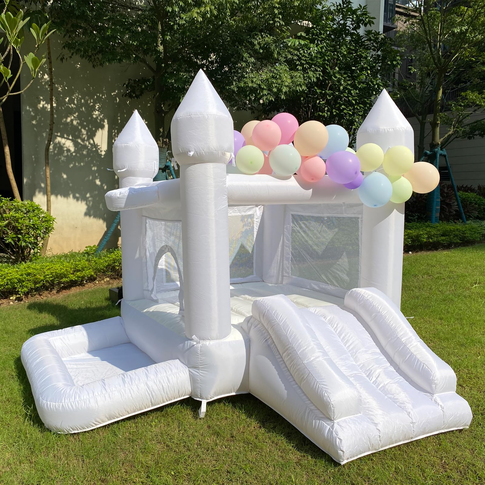 White Wedding Inflatable Bounce House with Blower Jump House with Slide for Kids Party Wedding Family Castle 9ftL