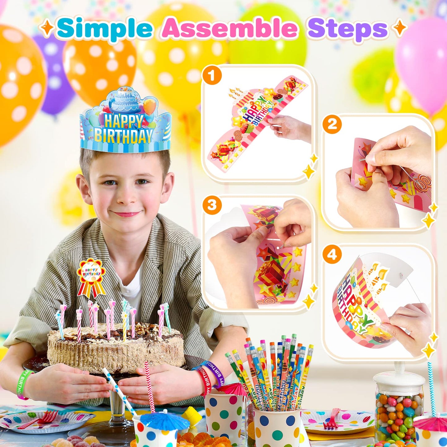 150 Pcs Happy Birthday Kits for Kids Classroom, Include Crowns, Silicone Stretches, Toy Whistles, Badge Stickers, Students Kinde