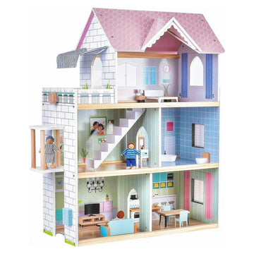 Large Pink Wooden Dollhouse With Furniture For Girls, 6 Rooms 2.6Ft High With Elevator,Doorbell, Light,15 Pcs Furniture & 3 Doll