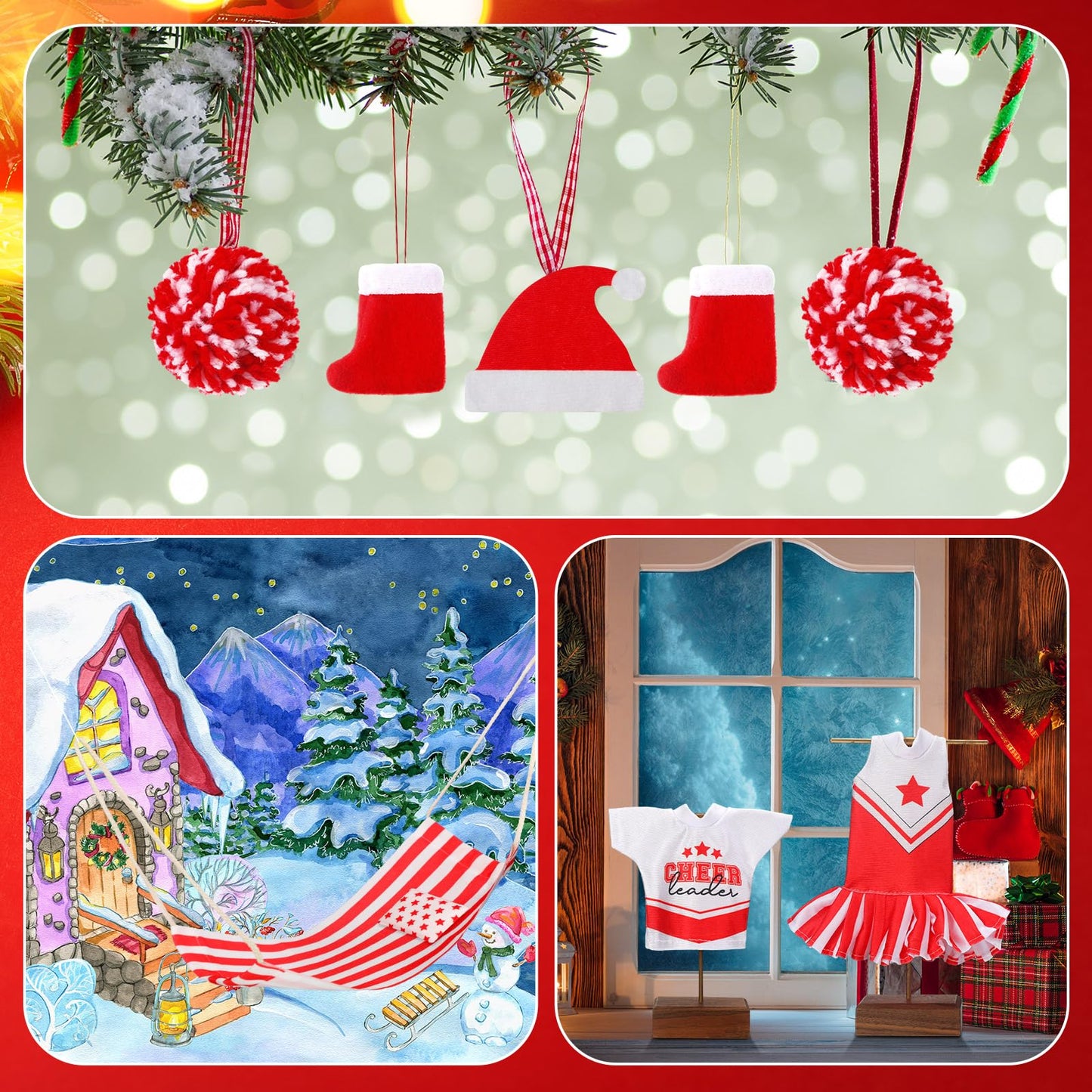 11 Pcs Christmas Elf Accessories Include Cheerleader Elf Doll Sleeping Bag Hammock Apron Chef Hat Dress Scarf Top Shorts Horn Po