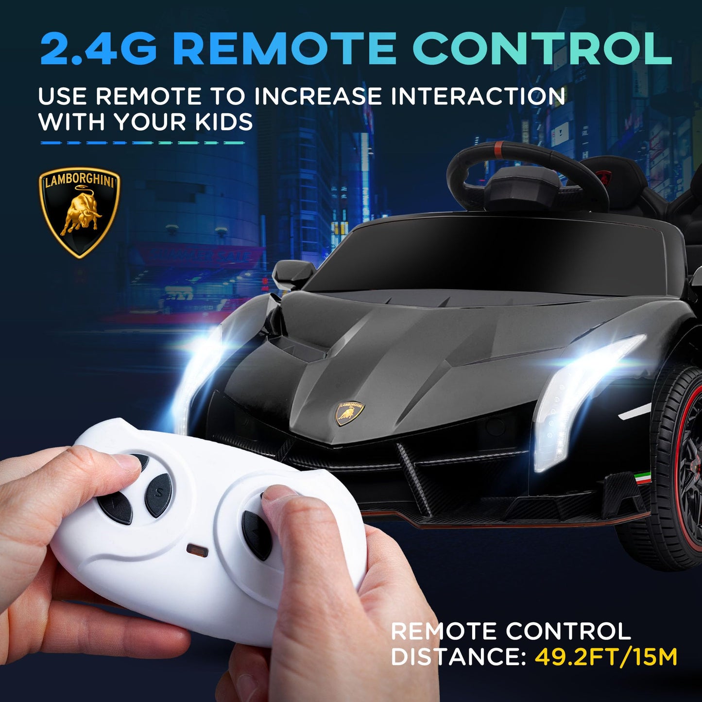 Aosom Lamborghini Veneno Licensed Kids Electric Car With Bluetooth, 12V Ride On Car With Butterfly Doors, Remote Control, Portable Battery, Suspension System, Horn, Songs, Lights, Black