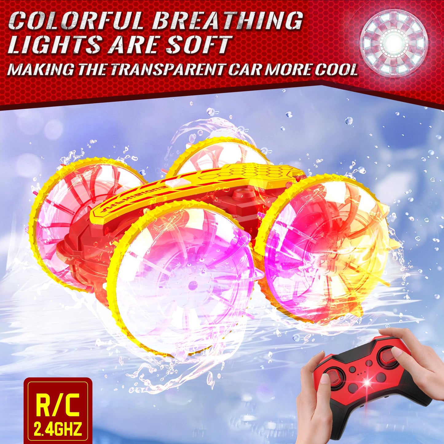 Amphibious RC Car with Lights for Kids 6-12 Year Old Gesture Sensor RC Stunt Cars Boat 4WD 2.4GHz Waterproof Hand Controlled Rem