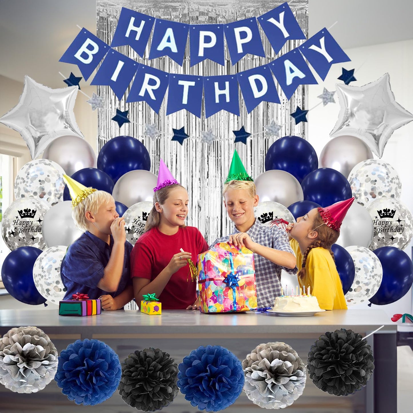 Blue And Silver Birthday Decorations For Men Boys, Navy Blue Silver Party Decoration Royal Bue Silver Birthday Balloons Happy Bi