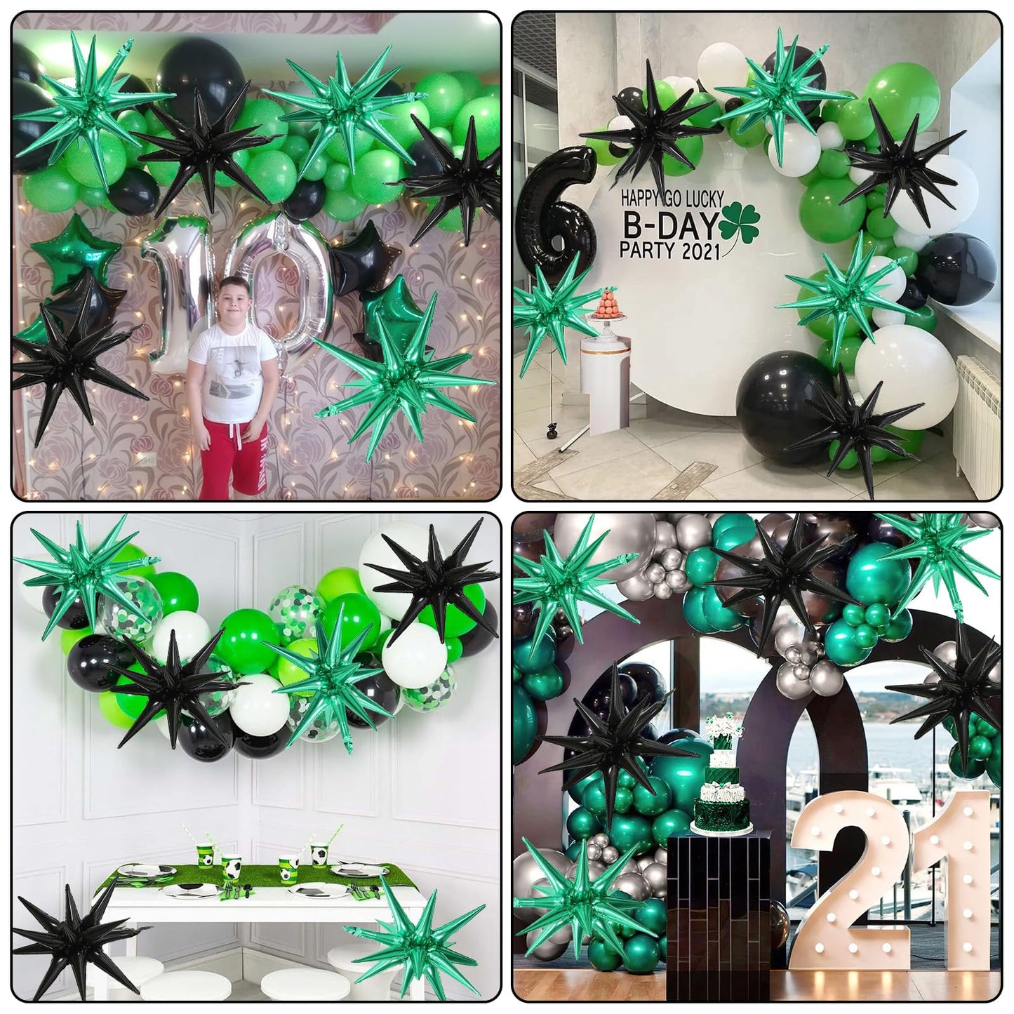 6PCS Star Balloons, 22Inch Large Black Green Star Balloon Explosion Foil Balloons Cone Spike Balloon for Birthday Graduation Wed
