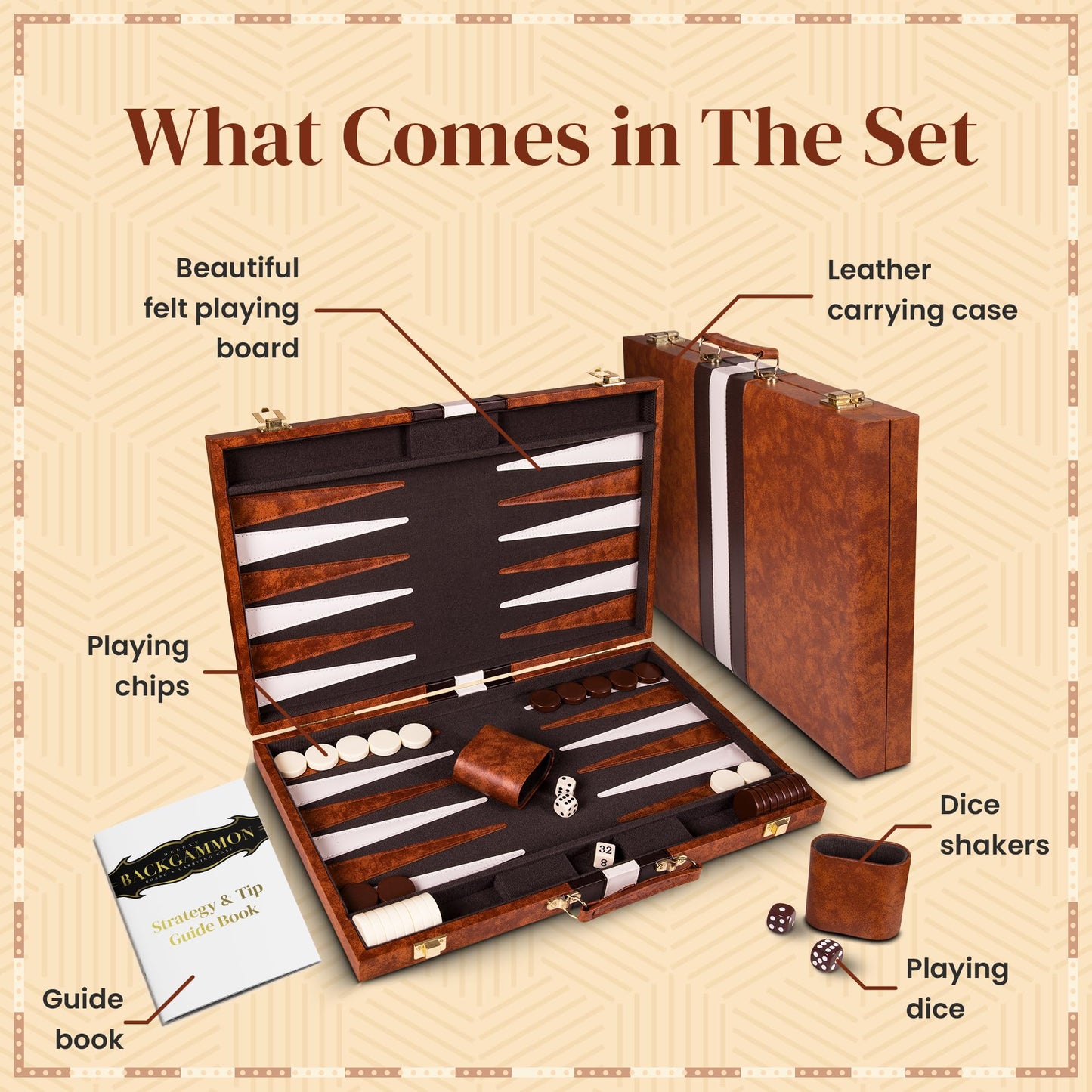 Crazy Games Backgn Sets for mature-themeds with enhanced Leather Case | Classic Travel Backgn Set for mature-themeds and Kids with Strategy & Guide | 15 Inches | Medium | Brown
