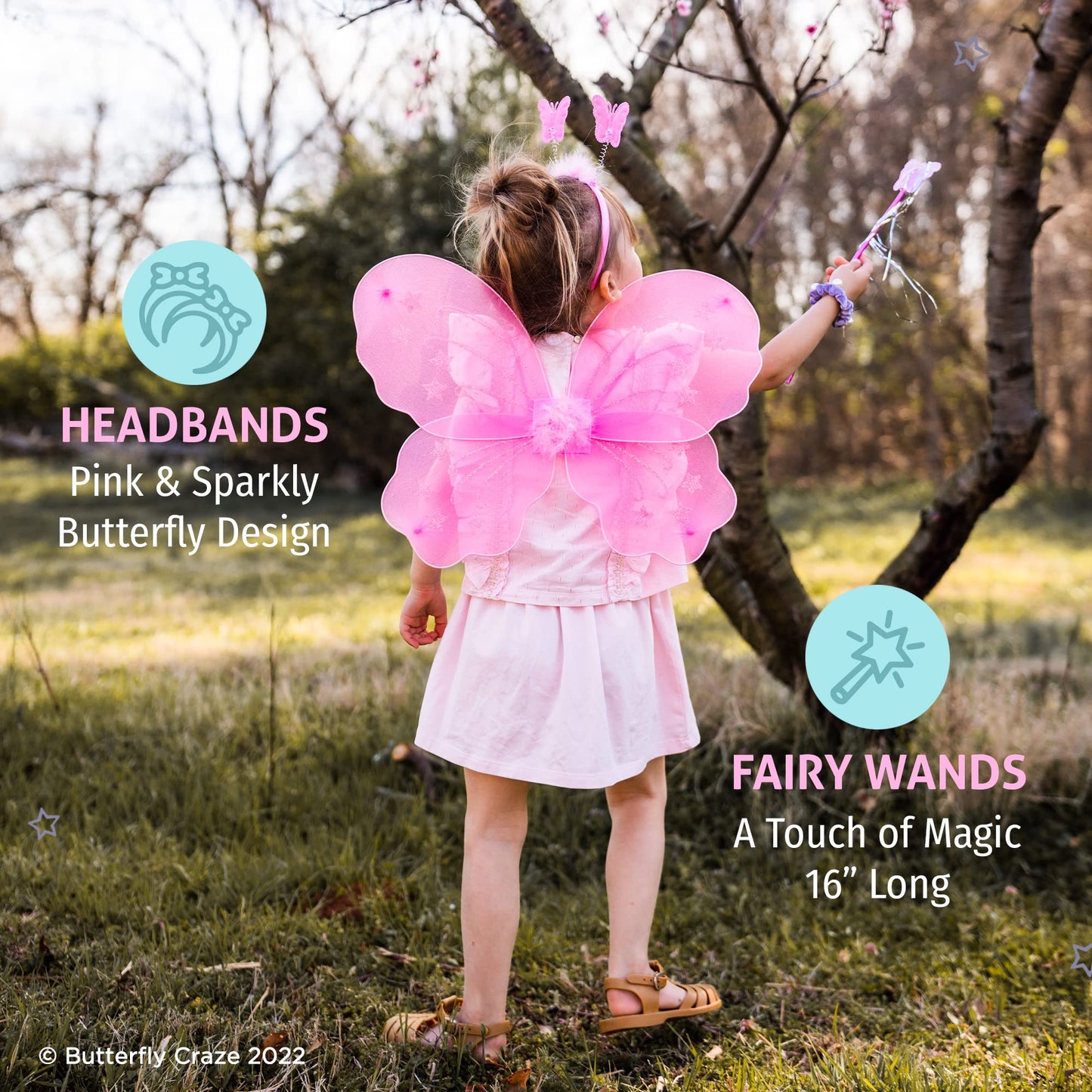 Butterfly Craze Girls' Fairy Wings With Wands And Headbands - Pack Of 6, Costumes And Dress Up Set For Kids Aged 3 And Up, These Accessories Are Perfect As Birthday Party Favors Or Supplies, (Pink)