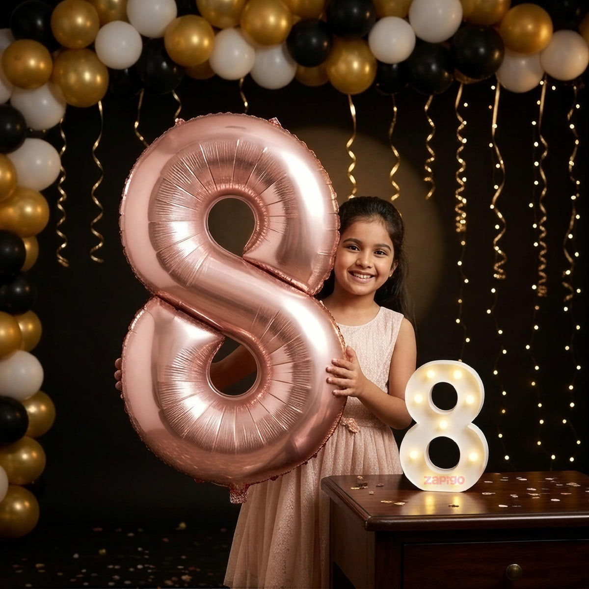 Balloonistics Rose Gold 40Inch Foil Number 8 Balloon with Matching LED Marquee Light  Combo Set for 8th Birthday, Anniversary,