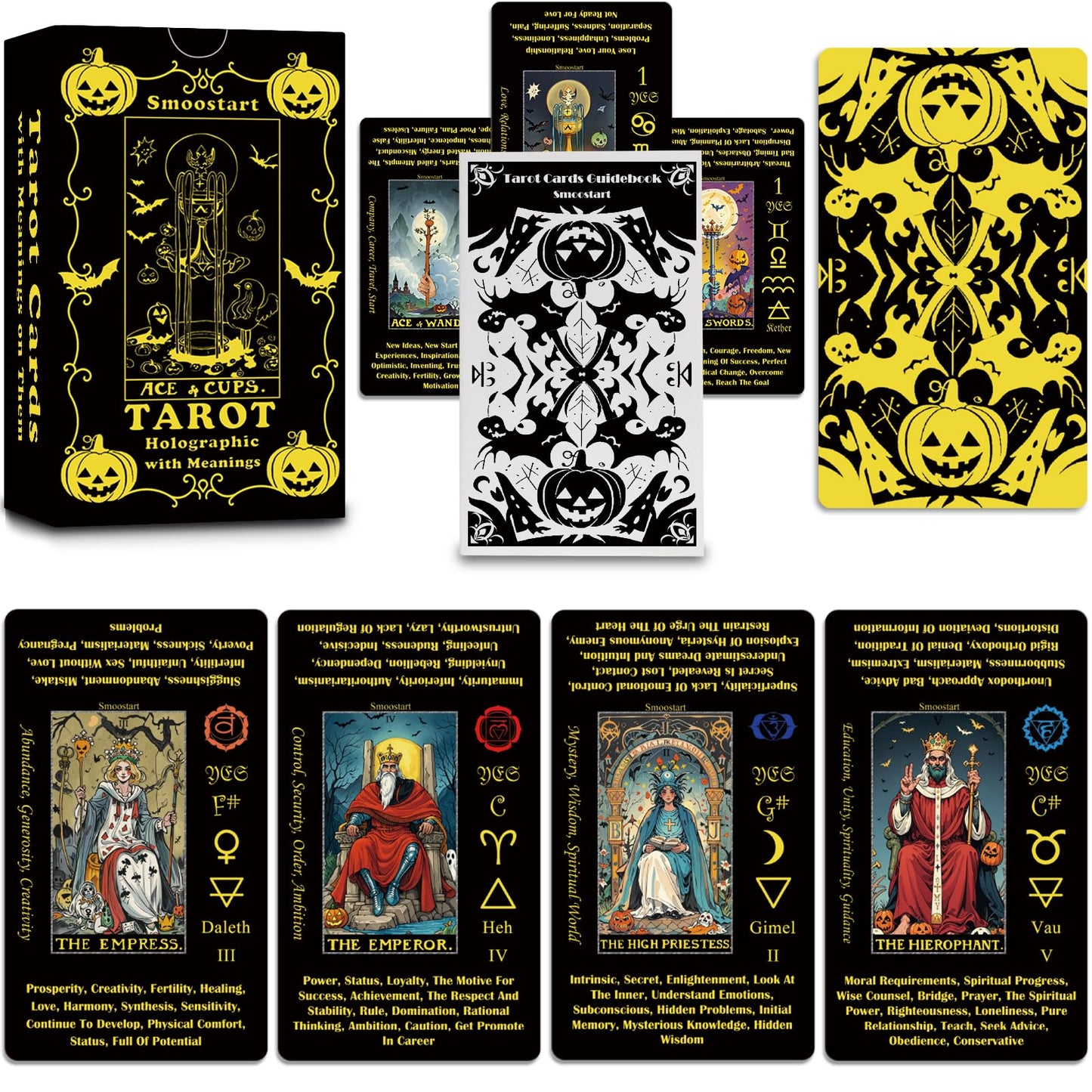 Smoostart Black Halloween Style Tarot Cards With Meanings, Tarot Cards Deck With Guidebook For Beginners, Halloween Elements Tar