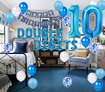 10Th Birthday Decorations Blue For Boys, Double Digits 10Th Birthday Decoration, Blue 10Th Birthday Banner Number 10 Foil Balloo
