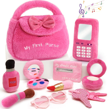 Golray Plush Toddler Purse Baby Girl Pretend Play Toy - 10 Pcs My First Purse With Soft Sensory Toy Smartphone/Crinkle Makeup Be