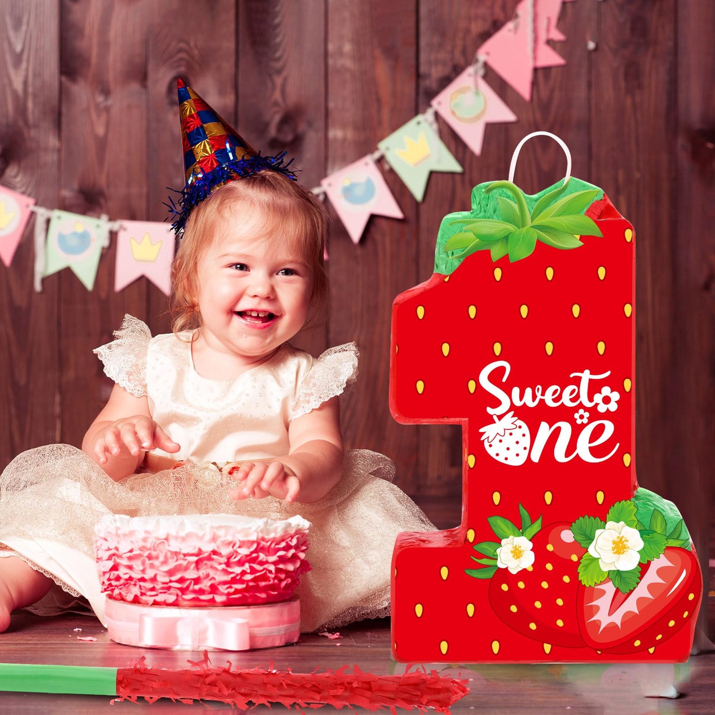 Aoriher Strawberry Piñata - Cardboard, Berry Color, 1st Birthday Party Game Supplies & Decor with Stick, Blindfold, and Confetti