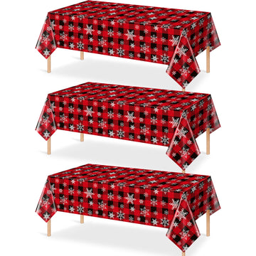 3 Pieces Red and Black Buffalo Plaid Merry Christmas Party Tablecloth Decorations,Plastic White Snowflake Buffalo Plaid Sign Tab