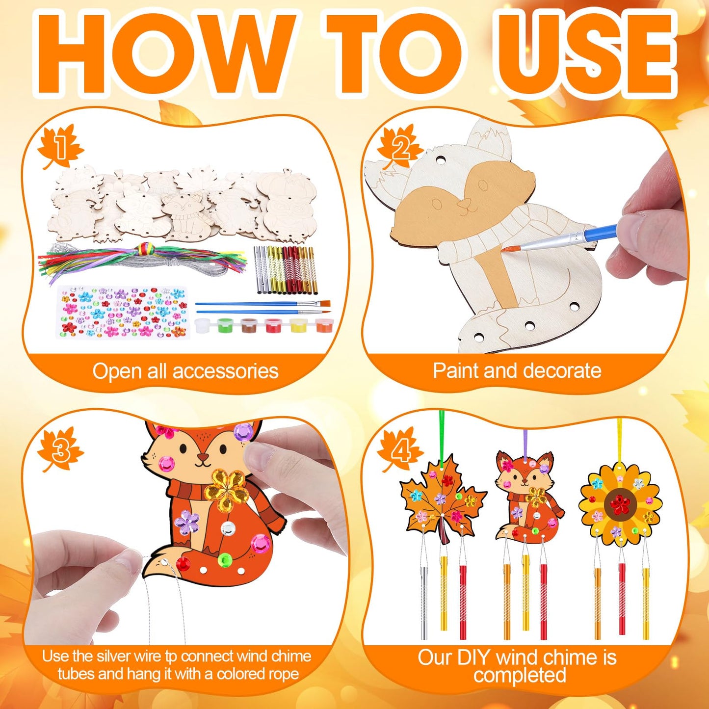 JellyArch 30 Pack Thanksgiving Wind Chime Making Kit for Adults Fall Pumpkin Leaf Animal DIY Wooden Crafts for Halloween Activit