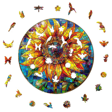 AEEKDOOK Wooden Puzzles for mature-themeds  Stained Glass Sunflower Wood Puzzles mature-themed - Unique Animal Shape Wooden Jigsaw Puzzles for mature-themeds for Puzzle Lovers (13.4 * 13.4in - 300 Pieces)