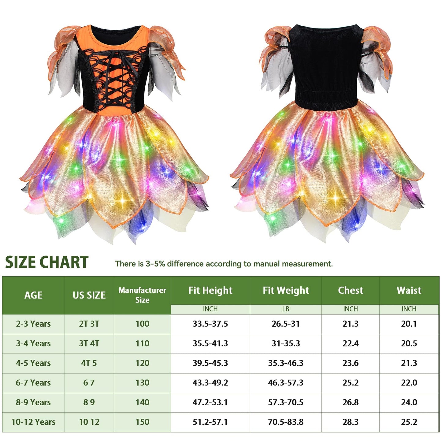 Girls Light-Up Witch Costume for Halloween - Orange&Black Glowing Witch Dress Up Costume Party Set with Broom & Hat & Wand & Bag & Pantyhose 10-12 Years