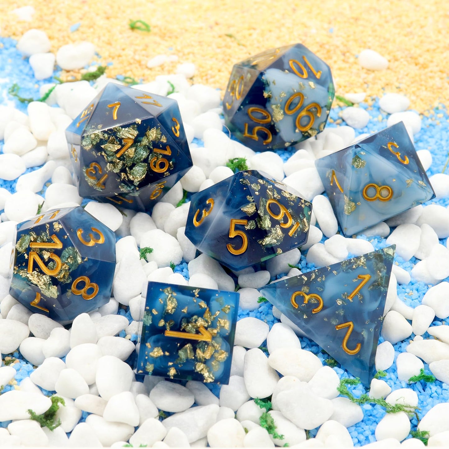 Pjoy Dnd Sharp Edged Dice Set, 7Pcs White And Dark Blue With Gold Foil Resin Dnd Dice Set D&D Polyhedral Dice With Dice Case For