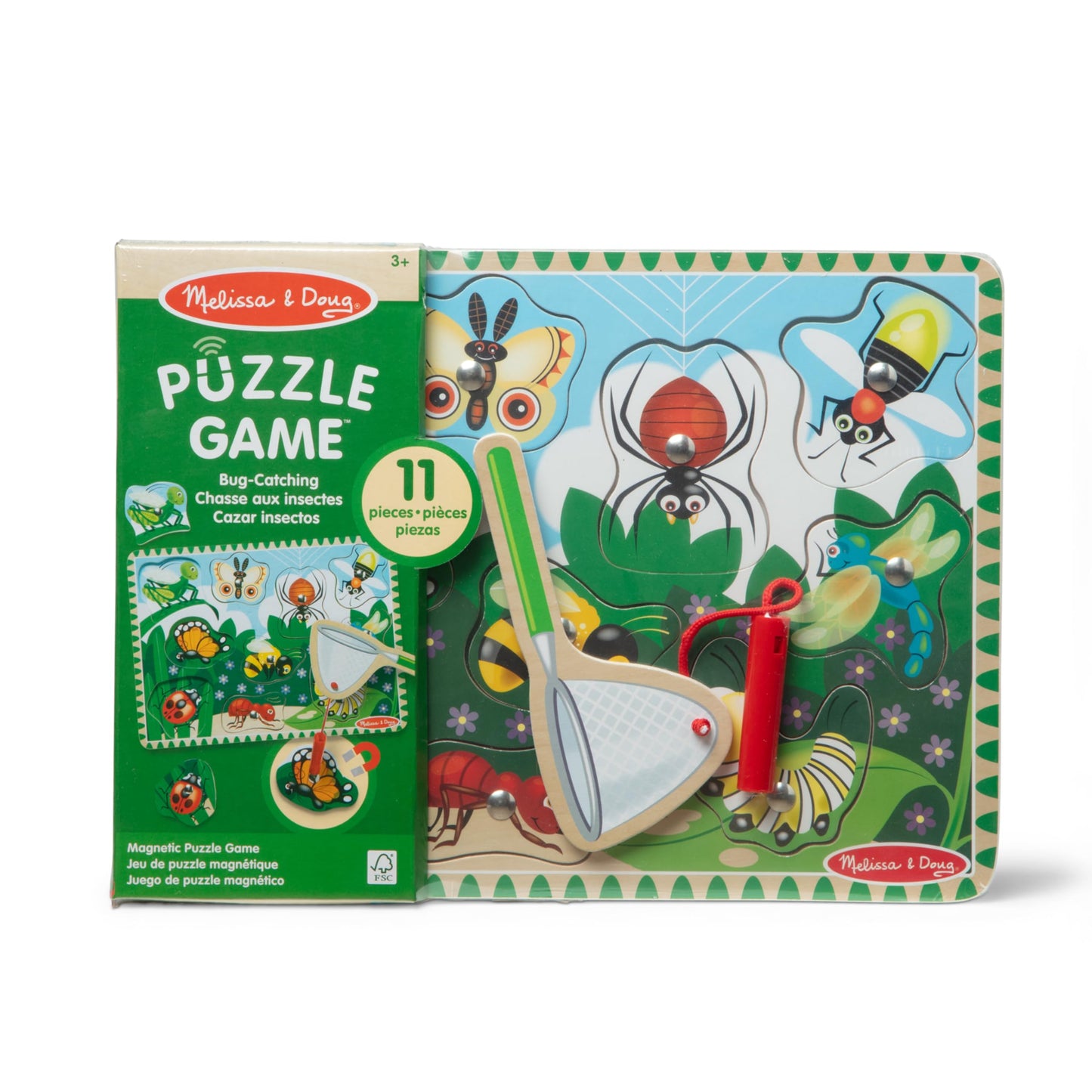 Melissa & Doug Magnetic Wooden Bug-Catching Puzzle Game, 10 pcs, Green, Model 3779, Educational Toy for Kids