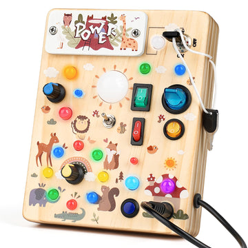 Joyreal Wooden Busy Board With Led Lights, Montessori Sensory Toys For Toddlers, Activity Fidget Board Travel Toys For Fine Moto
