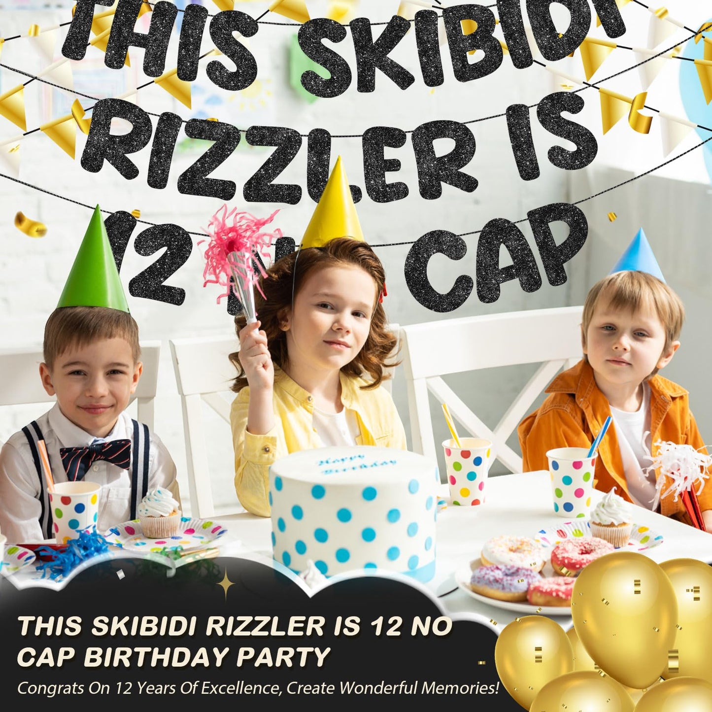 Fulmoon Pre Strung This Skibidi Rizzler Is 12 No Cap Glitter Banner 12th Birthday Party Decorations, Funny Birthday Sign, Party
