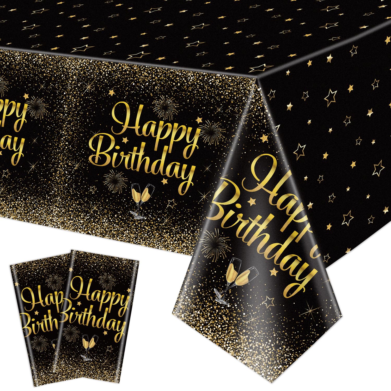 QUERICKY 2 Pack Black Gold Happy Birthday Tablecloths, 51x87 Plastic Disposable Rectangle Black Gold Table Cover for Men Women