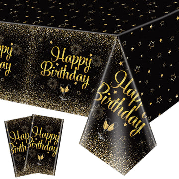 QUERICKY 2 Pack Black Gold Happy Birthday Tablecloths, 51x87 Plastic Disposable Rectangle Black Gold Table Cover for Men Women