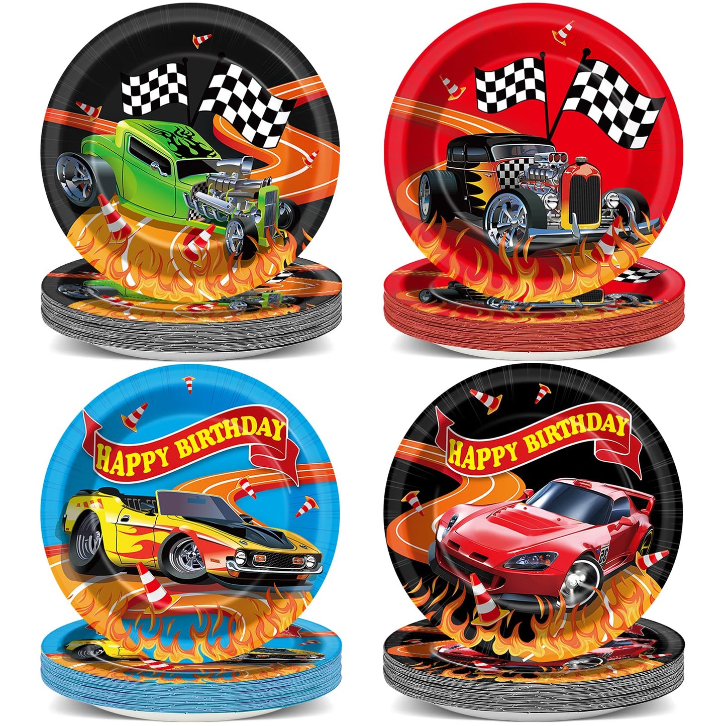 60Pcs 7 Hot Car Party Supplies Race Car Theme Dessert Plates Decorations Race Car Disposable Paper Plates Racing Tableware for K