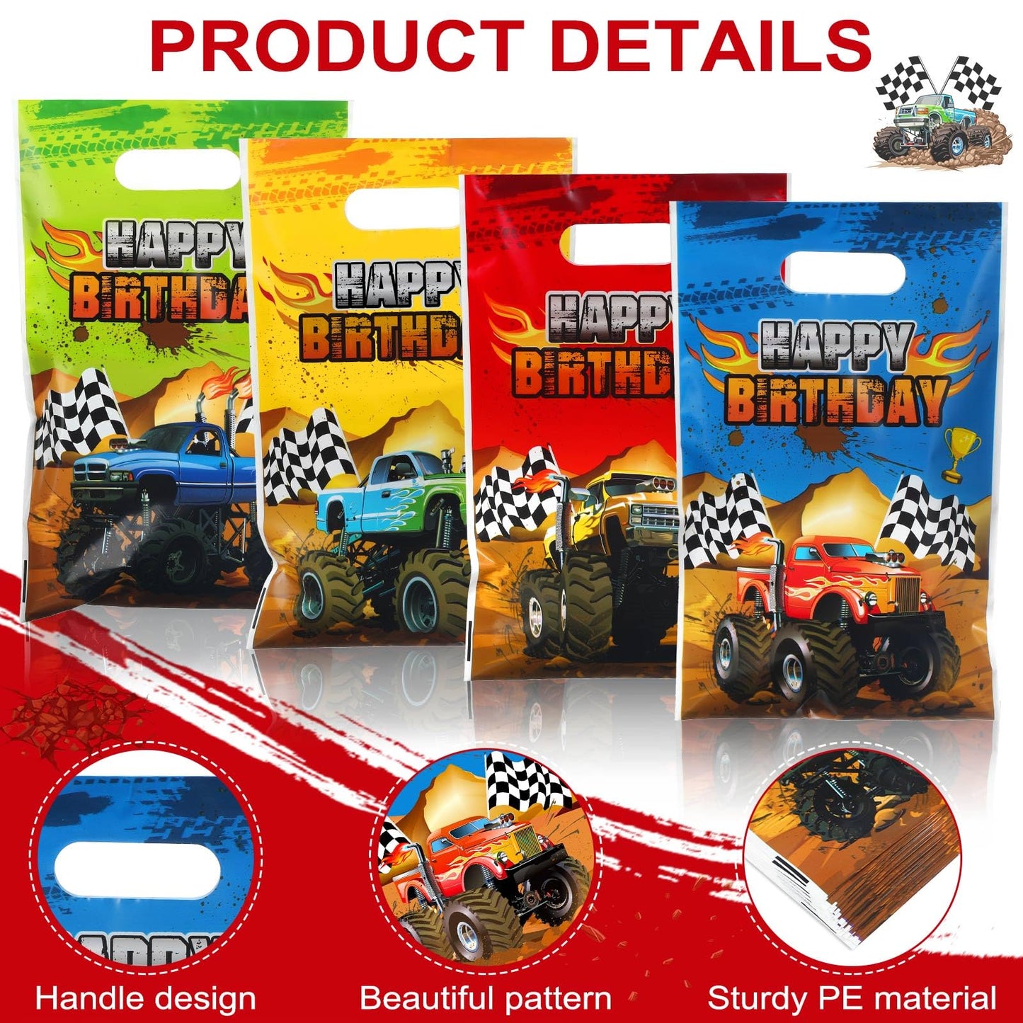 Pajean 48 Pieces Monster Truck Gift Bags Bulk Plastic Happy Birthday Truck Party Bag Racing Truck Treat Goodie Bags for Kids Mon