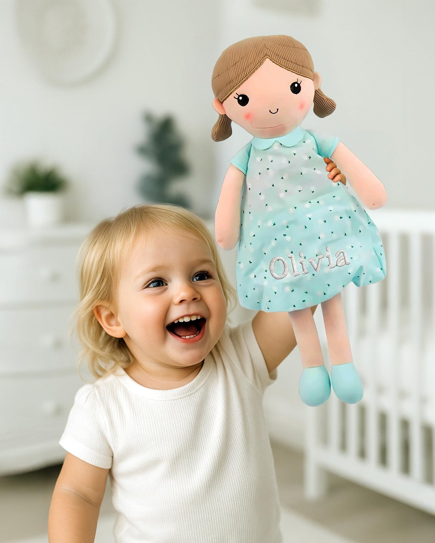 Linzy Personalized 15 Soft Plush Light Blue Emily Rag Doll with Embroidered Name - My First Rag Doll for Girls  Mueca de Trapo Personalizada  Customized Snuggle Toy for Kids
