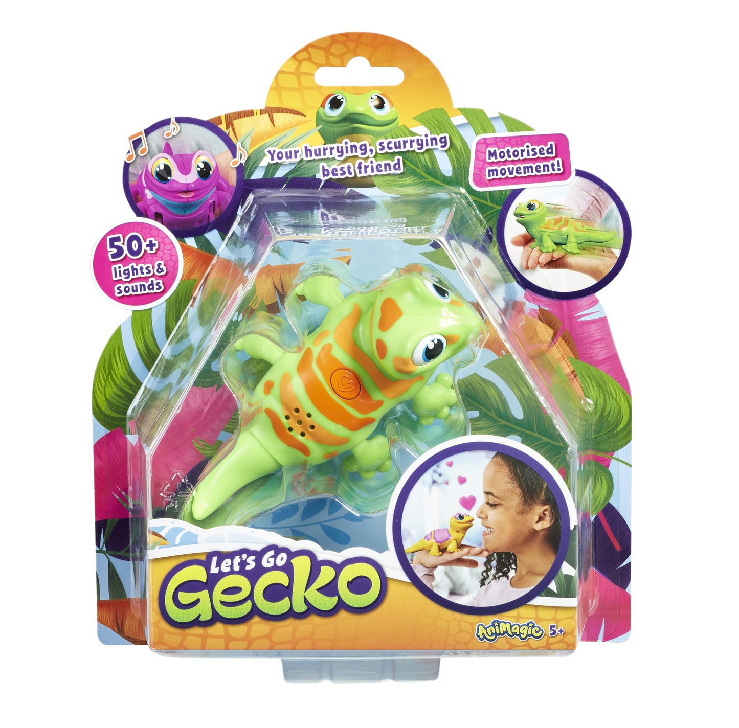 Animagic Goliath Let's Go Gecko - Motorized Toy with 50+ Lights & Sounds, Green, 9.45"x3.07"x9.45", Model 926018