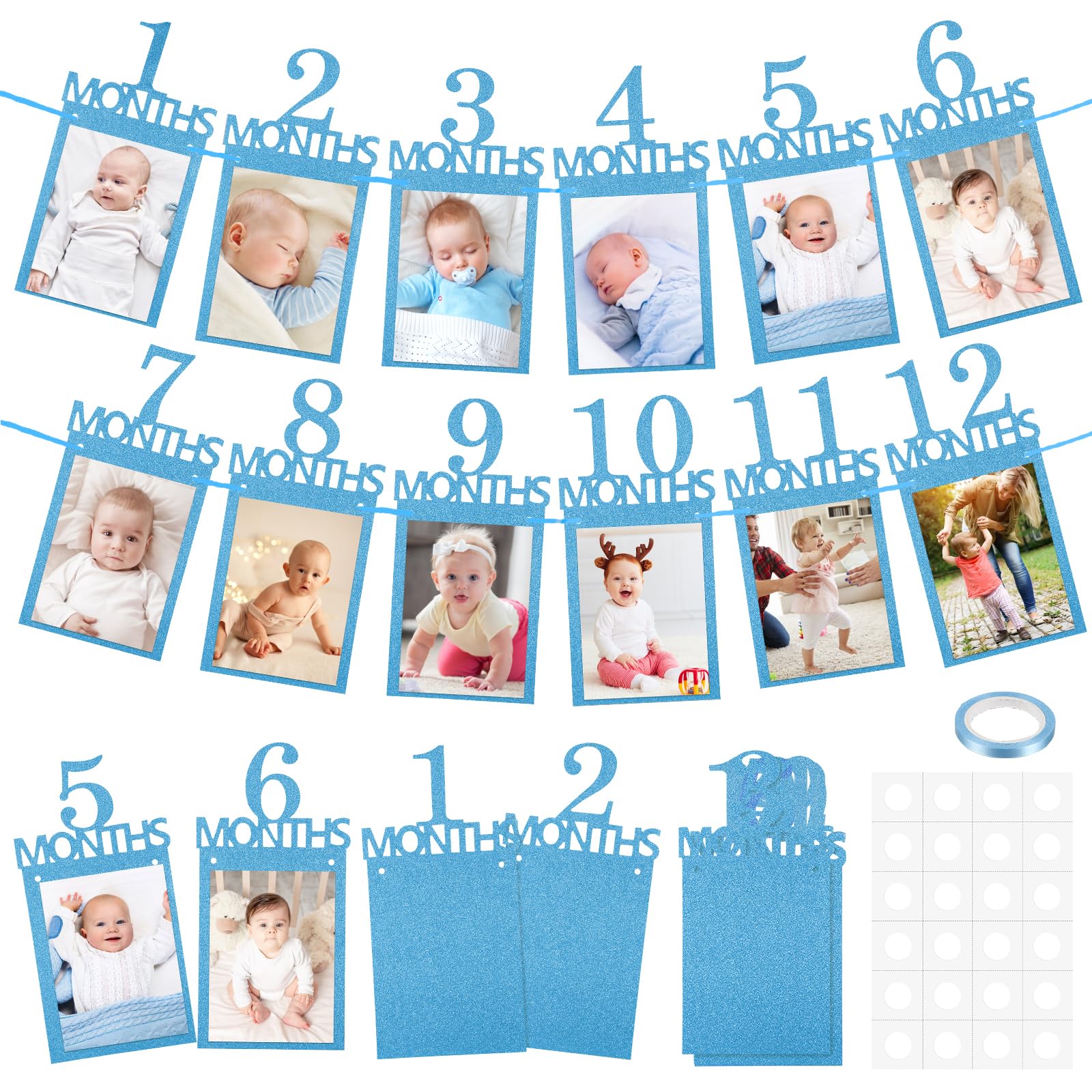 Nogeqi 12PCS 1st Birthday Photo Banner from Newborn to 12 Months, 1st Year Down Birthday Decorations, Glitter First Birth Day Ba