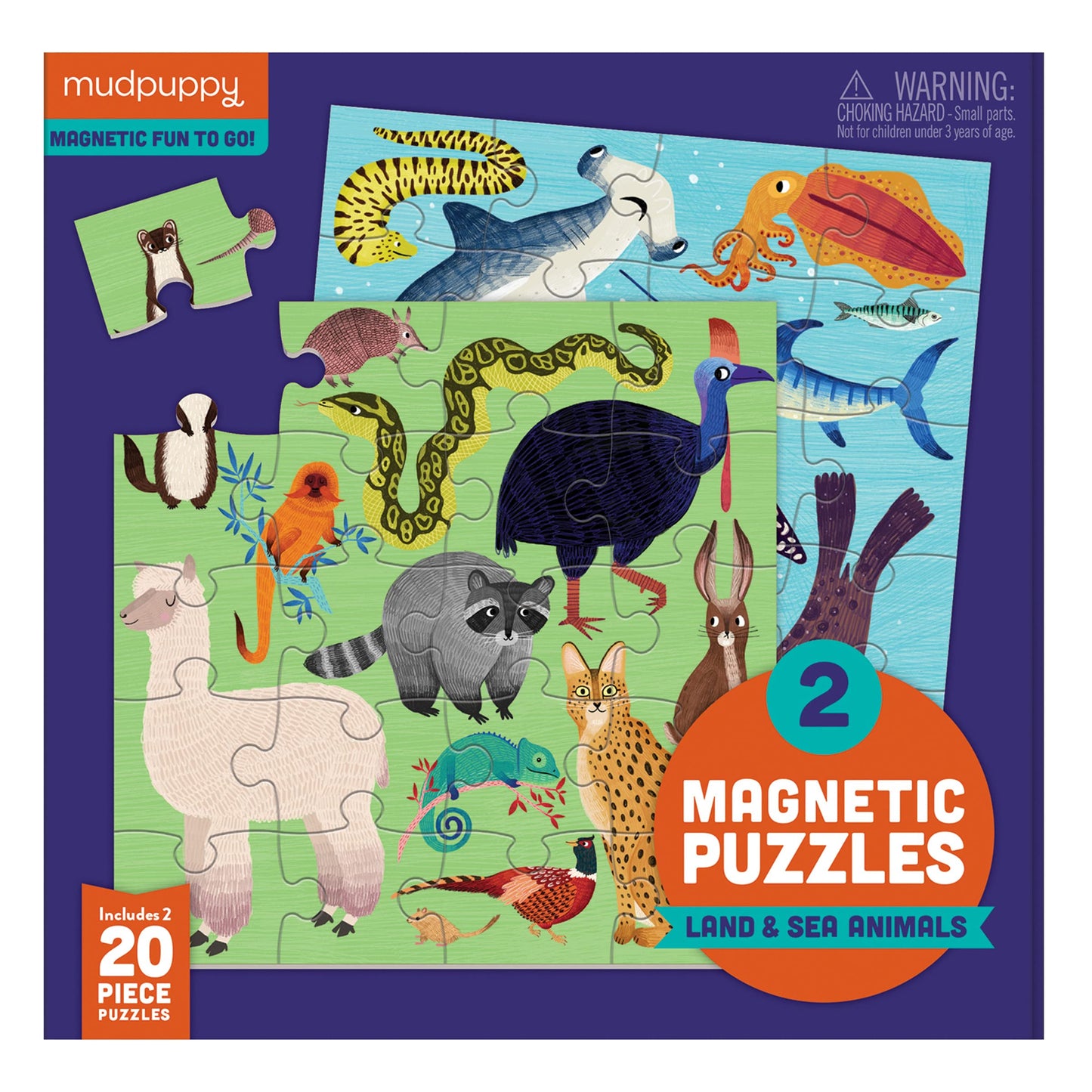 Mudpuppy Land & Sea Animals Magnetic Jigsaw Puzzle, Great For Kids Ages 4+, 2 Magnetic Puzzles, 20 Pieces Each, 6.5    X 6.5   ,