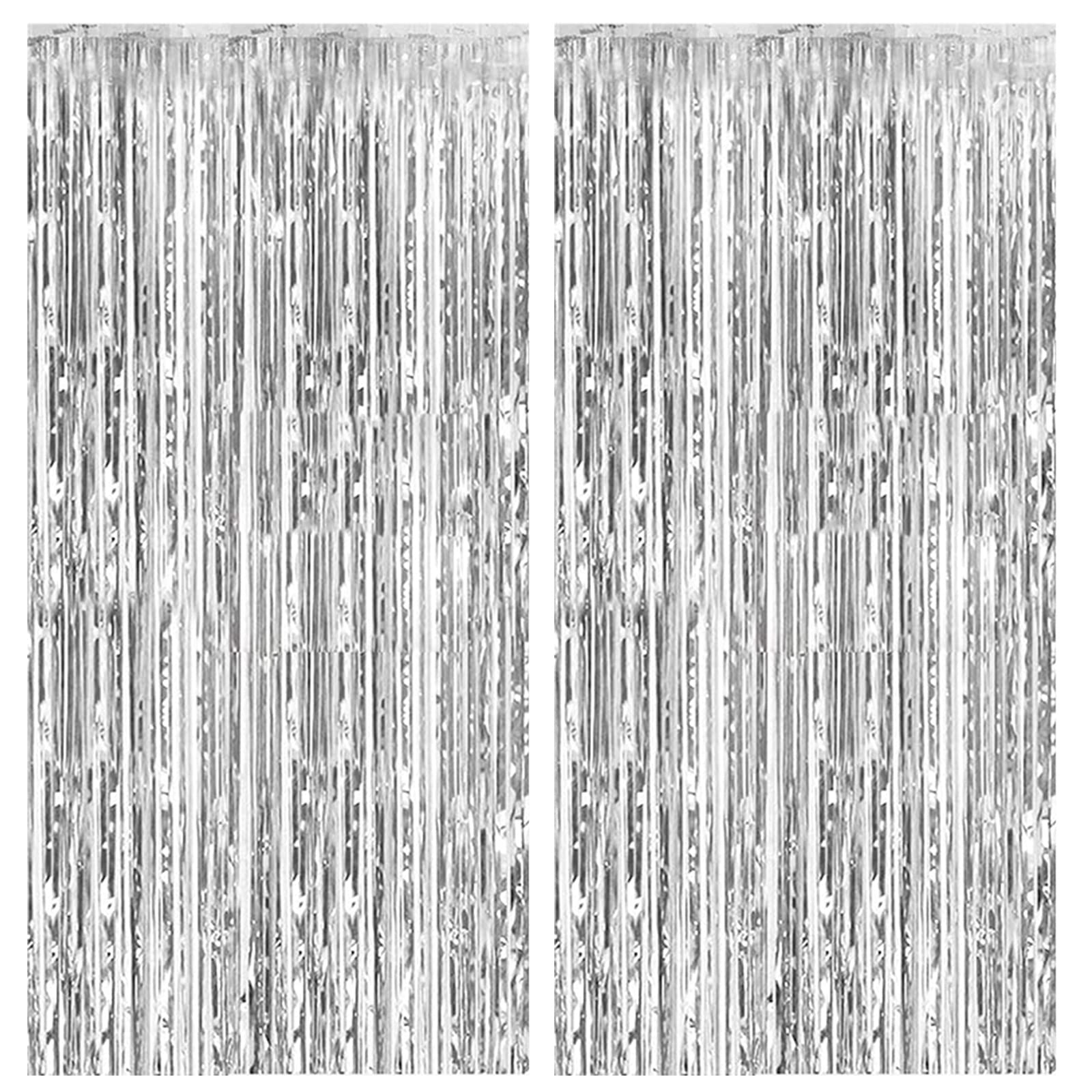 2 Pack Foil Curtain Backdrop Silver Metallic Tinsel Foil Fringe Curtains Photo Booth Props for Birthday Wedding Engagement Baby 