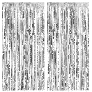 2 Pack Foil Curtain Backdrop Silver Metallic Tinsel Foil Fringe Curtains Photo Booth Props for Birthday Wedding Engagement Baby 