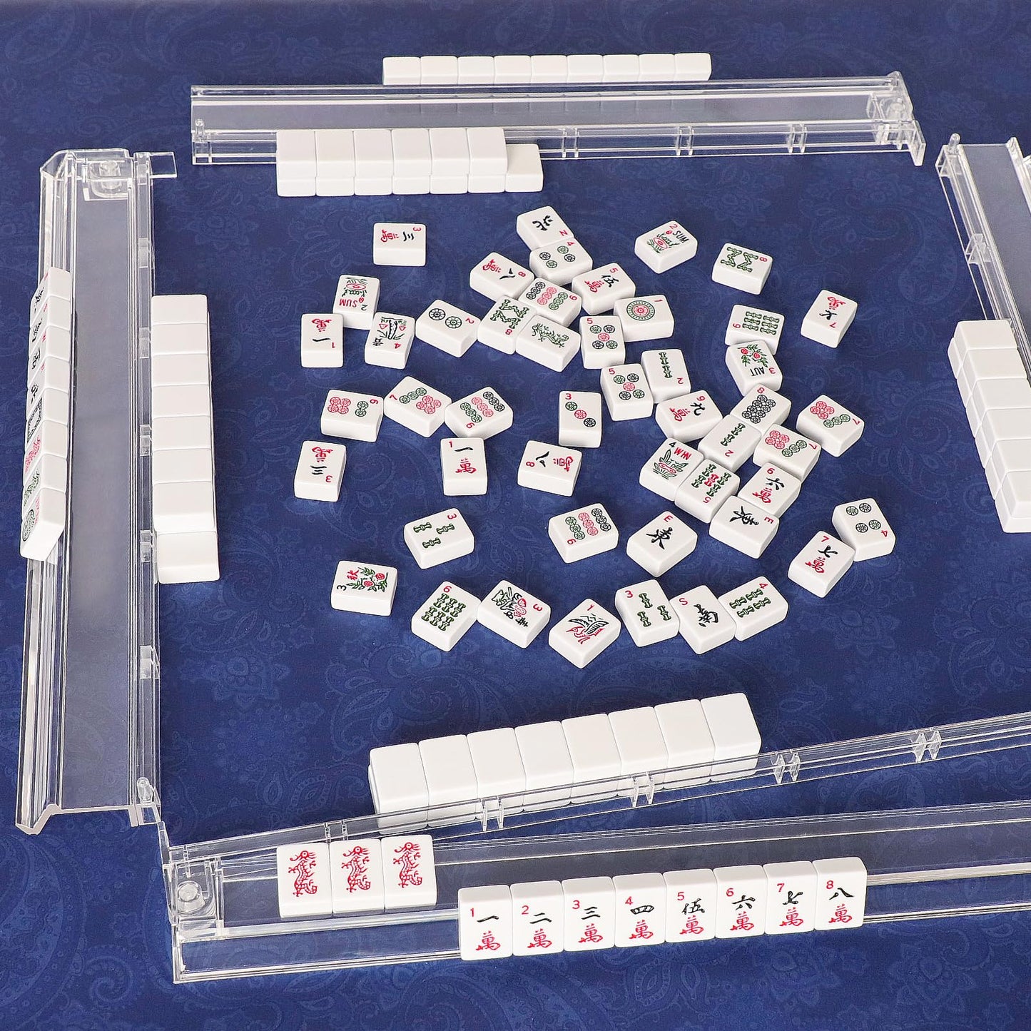 GUSTARIA Mahjong Tile Rack & Pusher Set, Clear Acrylic, 18 x 3.2 x 1.2 inches, Modern American Majiang, Set of 4, White